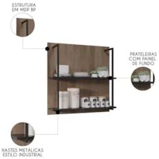 Prateleira Industrial Cozinha Dupla com Painel Flora M24 Freijó/Preto