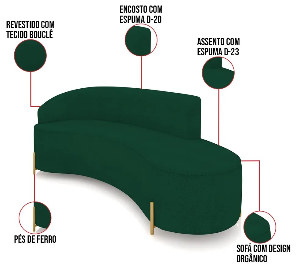 Sofá 4 Lugares Orgânico 220cm Pé Dourado Morgan Bouclê Verde D03 - D'Rossi
