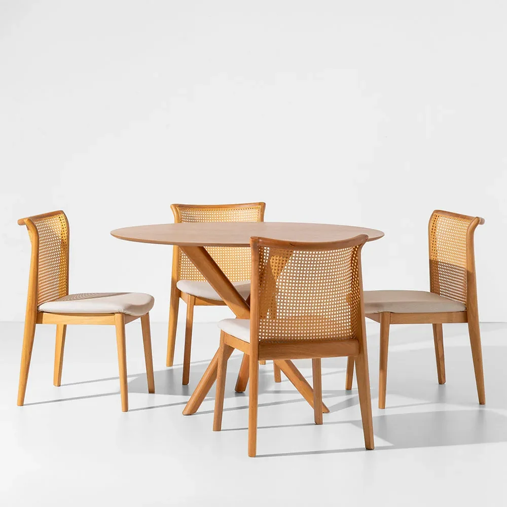 Conjunto Mesa de Jantar Lalá Carvalho Americano 1,60x90cm + 4 Cadeiras Lalá  Palha Natural