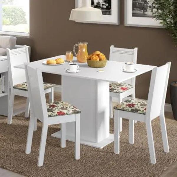 Conjunto Sala de Jantar Lexy Madesa Mesa Tampo de Madeira com 4 Cadeiras Branco/Floral Hibiscos