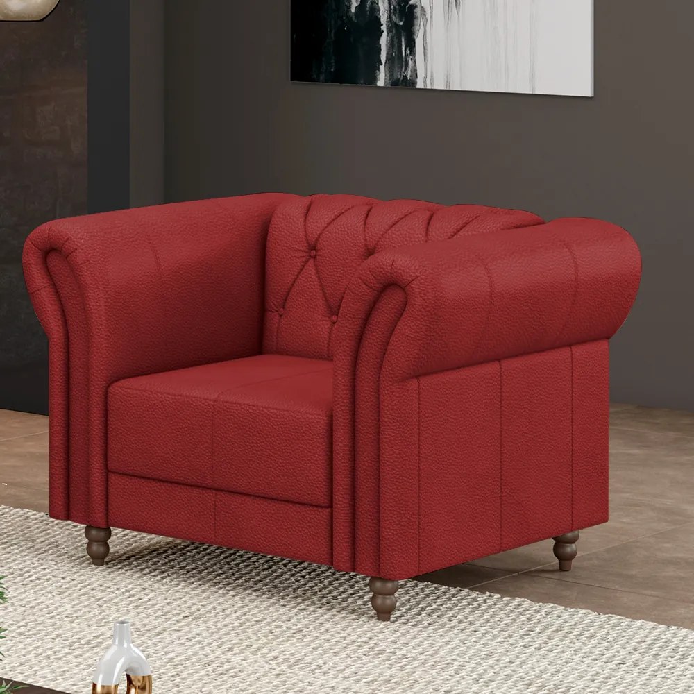 Poltrona Decorativa Sala de Estar Stanford Chesterfield Pés de Madeira Couro Vermelho G58 - Gran Belo