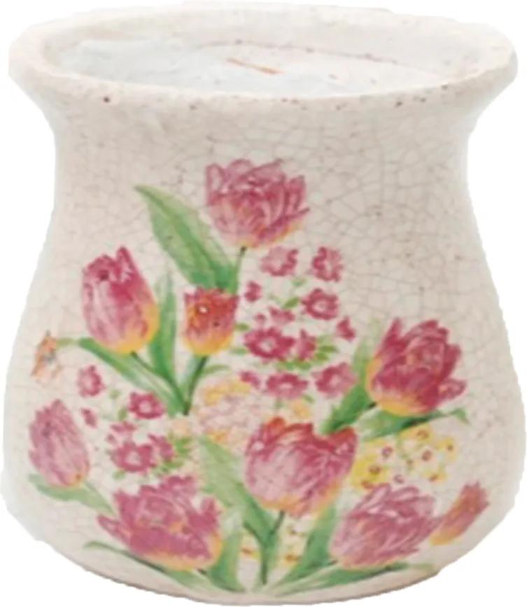 Cachepot em Cerâmica na Cor Bege com Pintura de Flores - 19x14cm