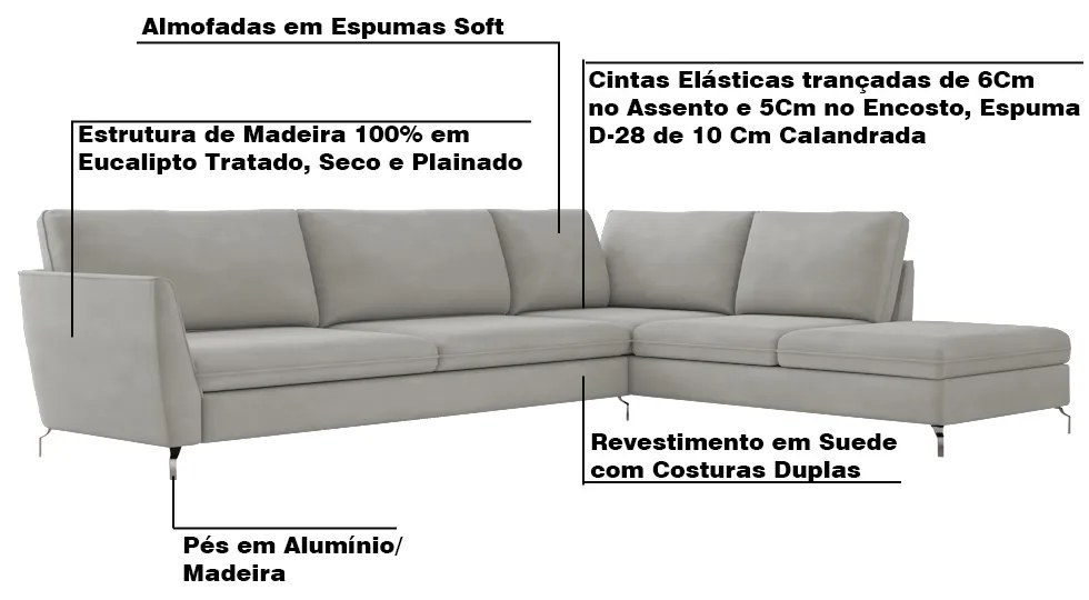 Sofá de Canto Chaise Direito 287 cm Olívia Suede Cinza G52 - Gran Belo