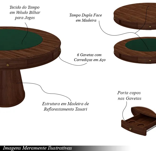 Mesa de Jogos Carteado 6 Lugares Bellagio com Gavetas e Tampo Reversível Base Cone com Tecido Imbuia/Verde G42 - Gran Belo