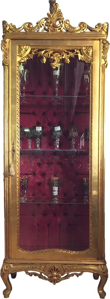 Cristaleira Luis XV Dourada em Madeira Maciça com Interior em Capitonê - 199x70x47cm