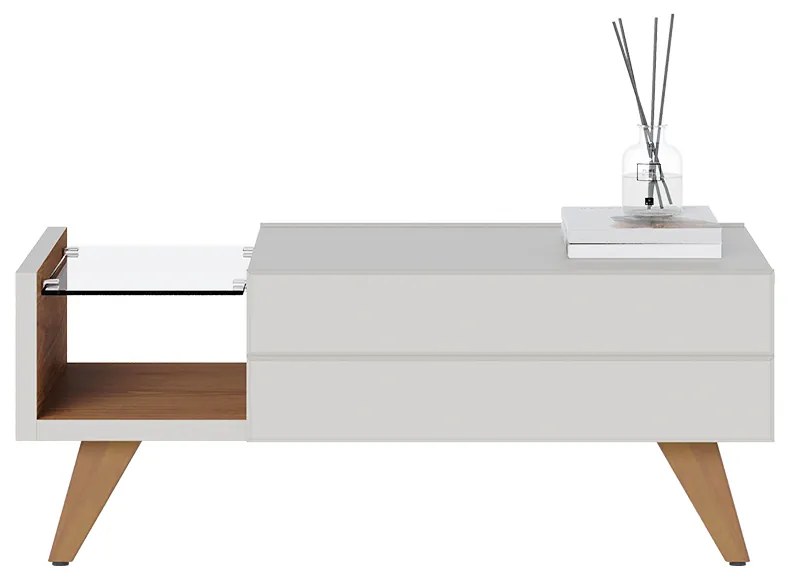 Mesa de Centro Sancho para Sala de Estar Versátil Tampo em vidro 6mm e pés em madeira Off White/Freijó