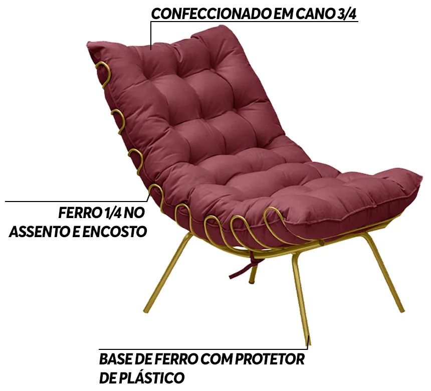 Poltrona Decorativa Sala de Estar Abel Base de Ferro Dourada Suede Bordô G41 - Gran Belo