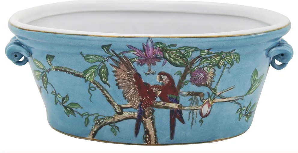 Cachepot  Azul Em Porcelana Com Pintura Decotativa Pássaros