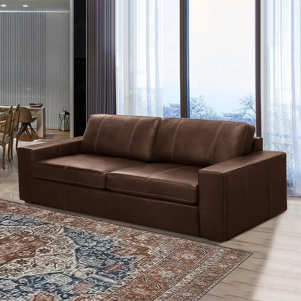 Sofá Decorativo Agatha 3 Lugares Sala de estar 235cm Pés em Madeira Couro Marrom Chocolate G88 - Gran Belo