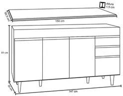 Balcão Gabinete Para Pia 150cm com Tampo 4 Portas 2 Gavetas Marrocos P