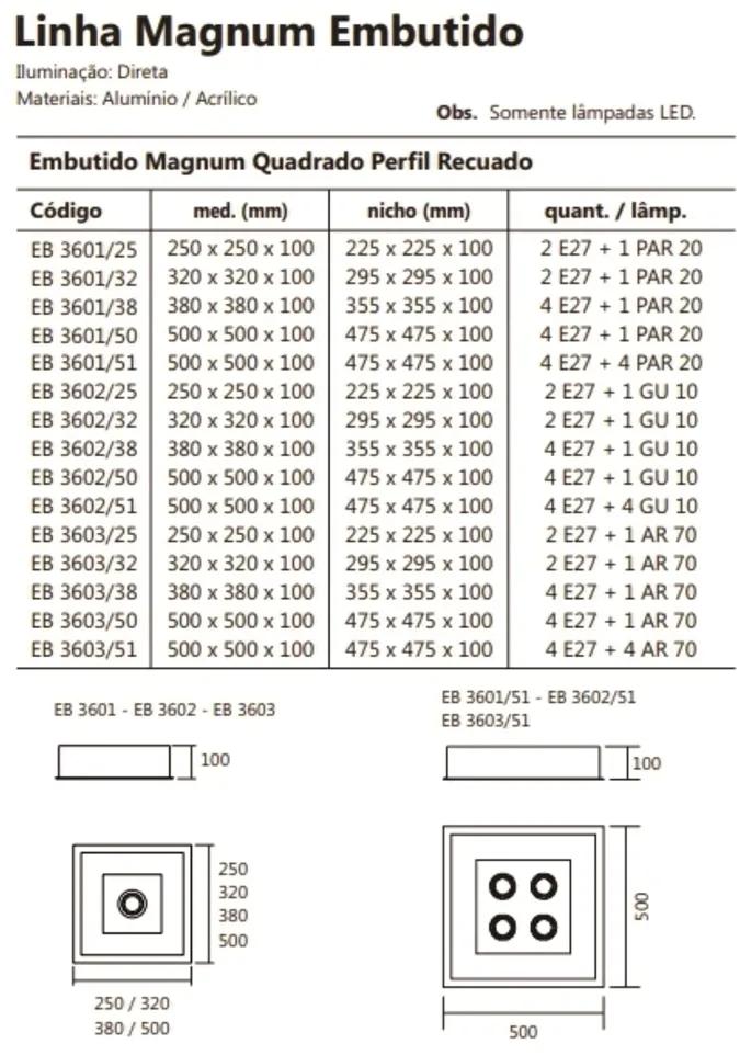 Luminária De Embutir Magnum Quadrado 50X50X10Cm 4L E27 + 01 Par20 | Us... (PT - Preto Texturizado)