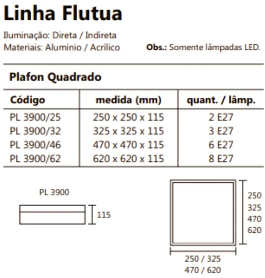 Plafon De Sobrepor Flutua Quadrado 25X25Cm 2Xe27 Metal E Acrílico | Us... (BT - Branco Texturizado)