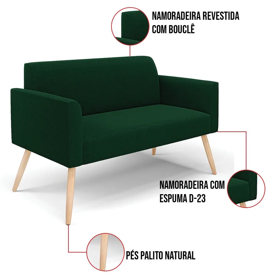 Sofá 2 Lugares Namoradeira Pé Palito Natural Marisa Bouclê Verde D03 - D'Rossi