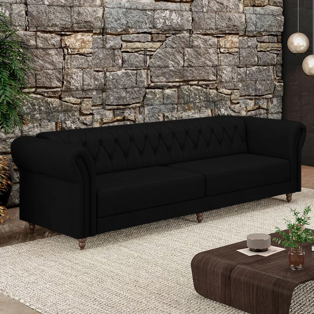 Sofá Living Sala de Estar Stanford Chesterfield 3 Lugares 260cm Pés de Madeira Couro Preto G58 - Gran Belo