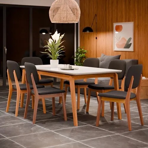 Conjunto Mesa de Jantar Detroit 1.8 Off White/Nature Com 6 Cadeiras Detroit Nature/Preto - Tebarrot Móveis