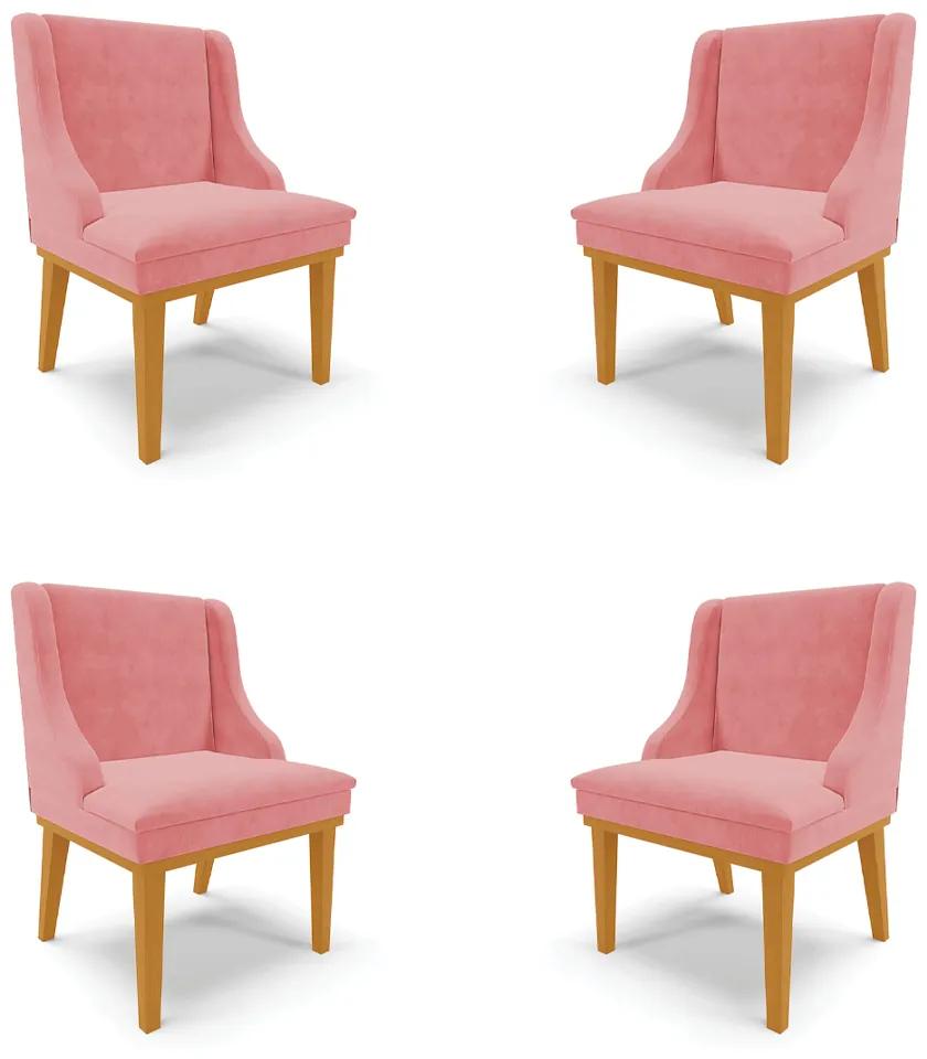 Kit 4 Cadeiras Decorativas Sala de Jantar Base Fixa de Madeira Firenze Suede Rose/Castanho G19 - Gran Belo