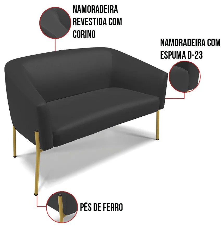 Sofá 2 Lugares Namoradeira Pé de Ferro Dourado Stella Sintético D03 - D'Rossi - Preto