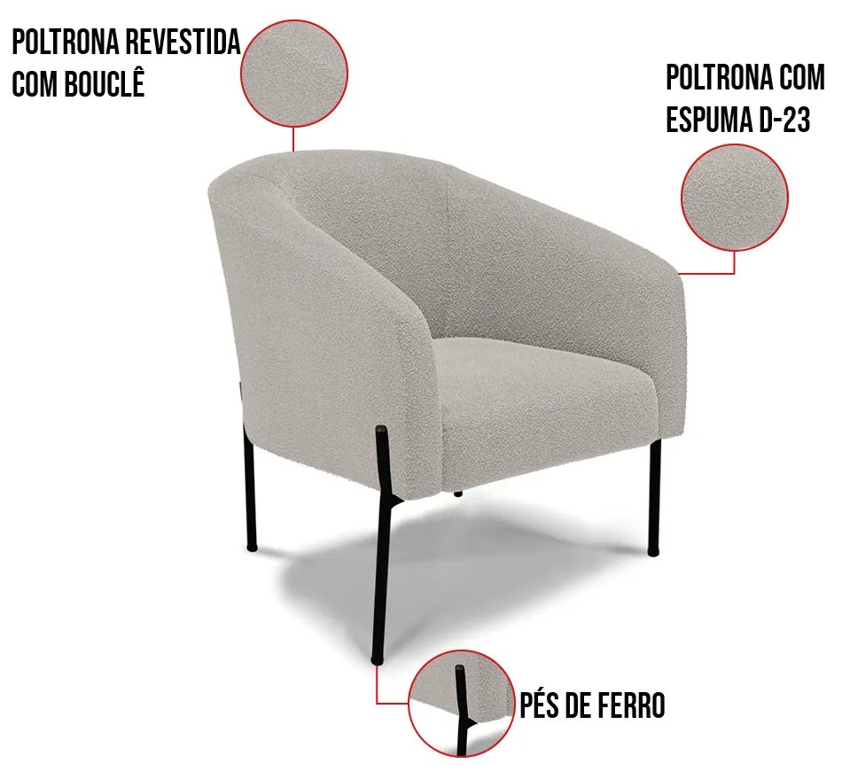 Sofá Namoradeira e 2 Poltronas Pé Ferro Pto Stella Bouclê Cinza D03 - D'Rossi