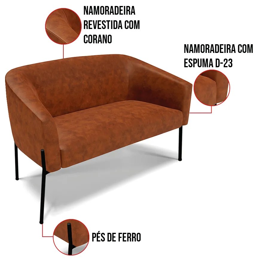 Sofá 2 Lugares Namoradeira Pé de Ferro Preto Stella Sintético PU D03 - D'Rossi - Nozes