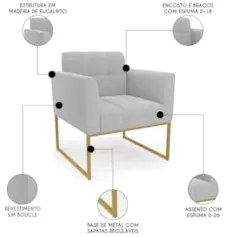 Namoradeira e 2 Poltronas Industrial Dourado Ana Bouclé Cinza - Ibiza