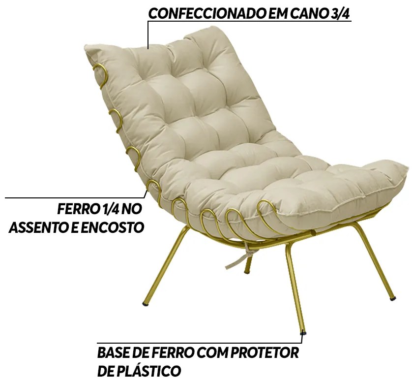 Kit 2 Poltronas Decorativas Sala de Estar Abel Base de Ferro Dourada Veludo Bege G41 - Gran Belo