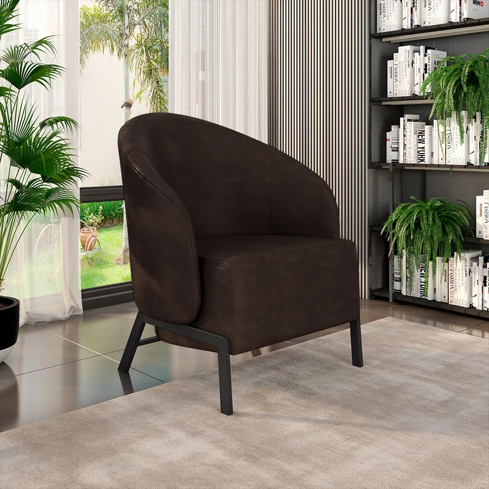 Kit 2 Poltronas Decorativa Sala de Estar Kenya Pés em Ferro Pu Preto/Marrom G33 - Gran Belo