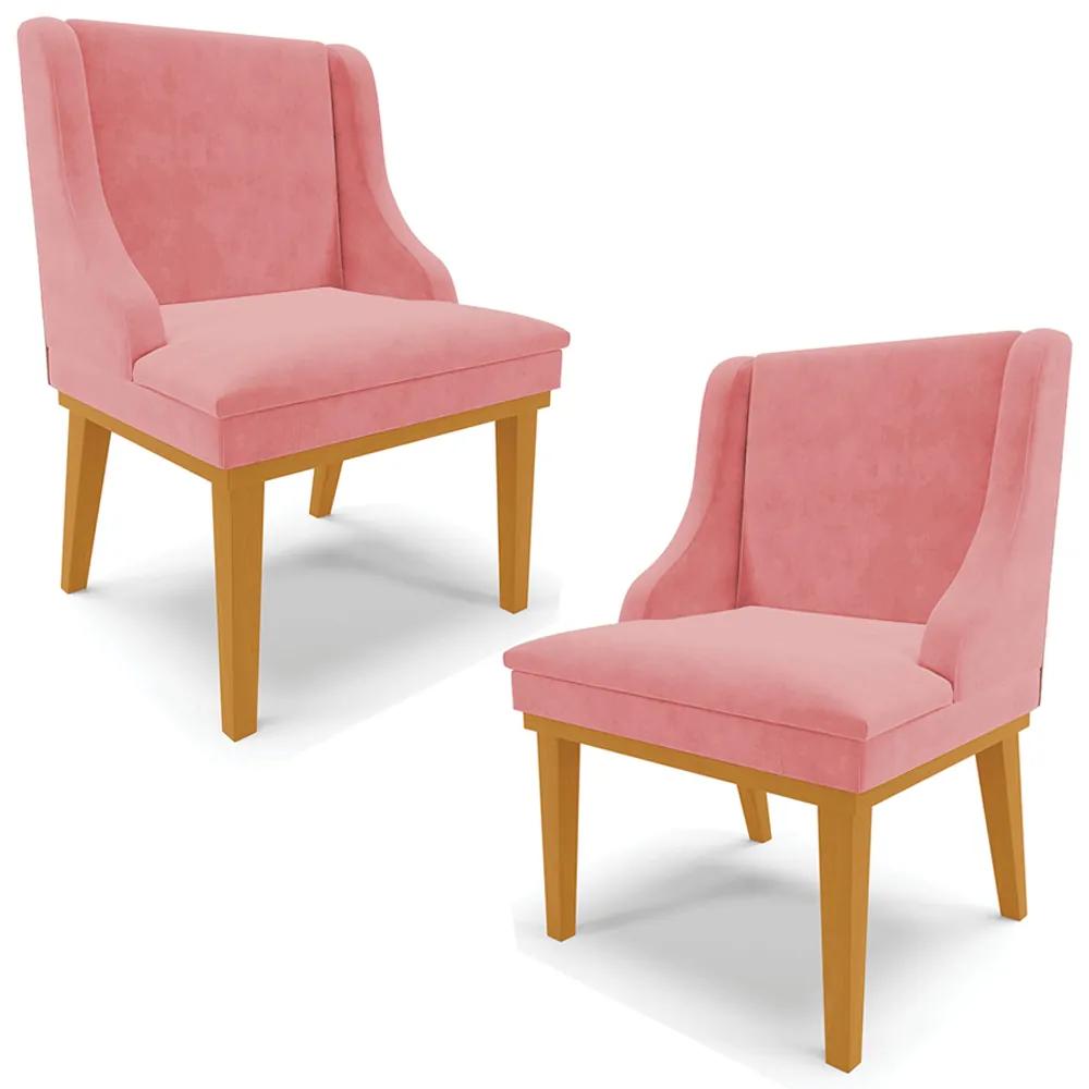 Kit 2 Cadeiras Decorativas Sala de Jantar Base Fixa de Madeira Firenze Suede Rose/Castanho G19 - Gran Belo