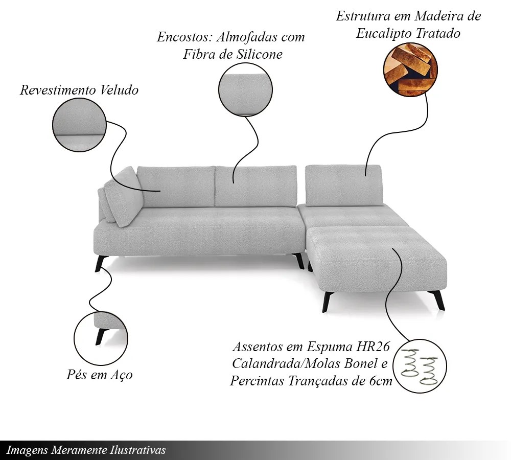 Sofá de Canto Modulado 322cm Sabrina Pés em Aço com Puff Bouclê Cinza G52 - Gran Belo