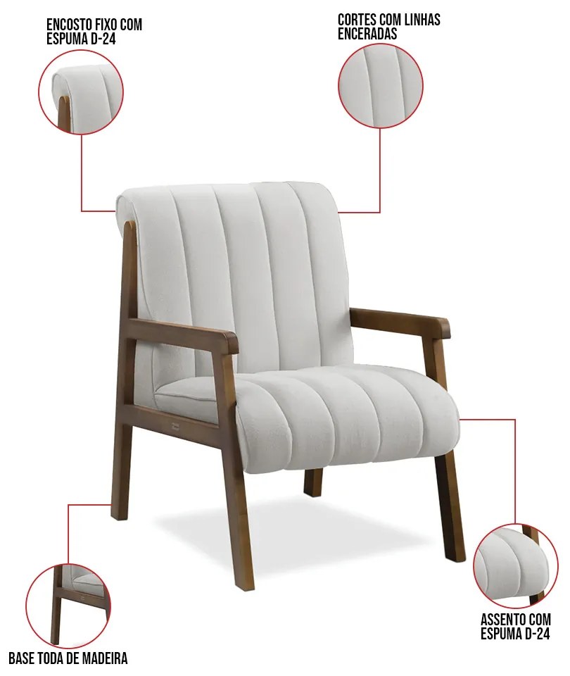Poltrona Decorativa para Sala Base de Madeira Daline Bouclê Cinza Claro E03 - D'Rossi