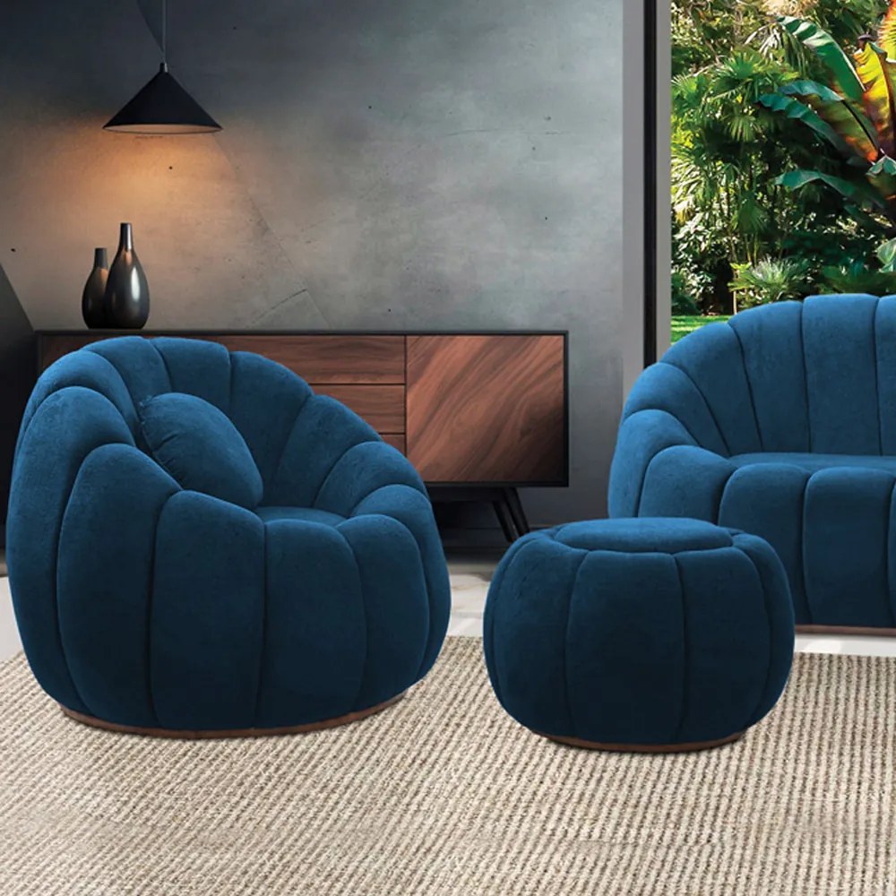 Poltrona Decorativa Orgânica Giratória com Puff Cloud Bouclê E03 - D'Rossi - Azul Marinho