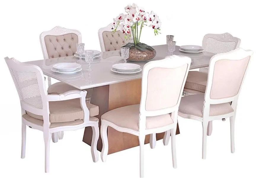Conjunto Sala de jantar Mesa Bonnie com 4 Cadeiras e 2 Poltronas Luix XV Branco  - Wood Prime 38715