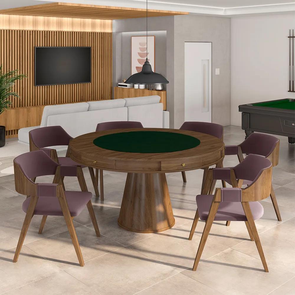 Conjunto Mesa de Jogos Carteado Bellagio Tampo Reversível e 6 Cadeiras Madeira Poker Base Cone Veludo Rosê/Nogueira G42 - Gran Belo