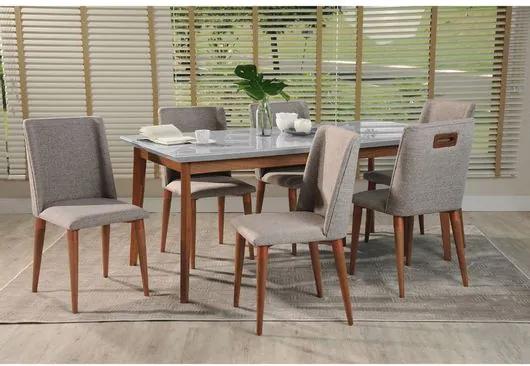 Conjunto Sala de Jantar com Mesa Branco Gloss com Natural, Guardian e 6 Cadeiras, Natural, Fiorella