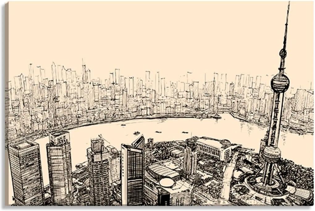 Tela Decorativa Estilo Ilustração Abstrata Vista Aérea de Xangai - Tamanho: 60x90cm (A-L) Unico