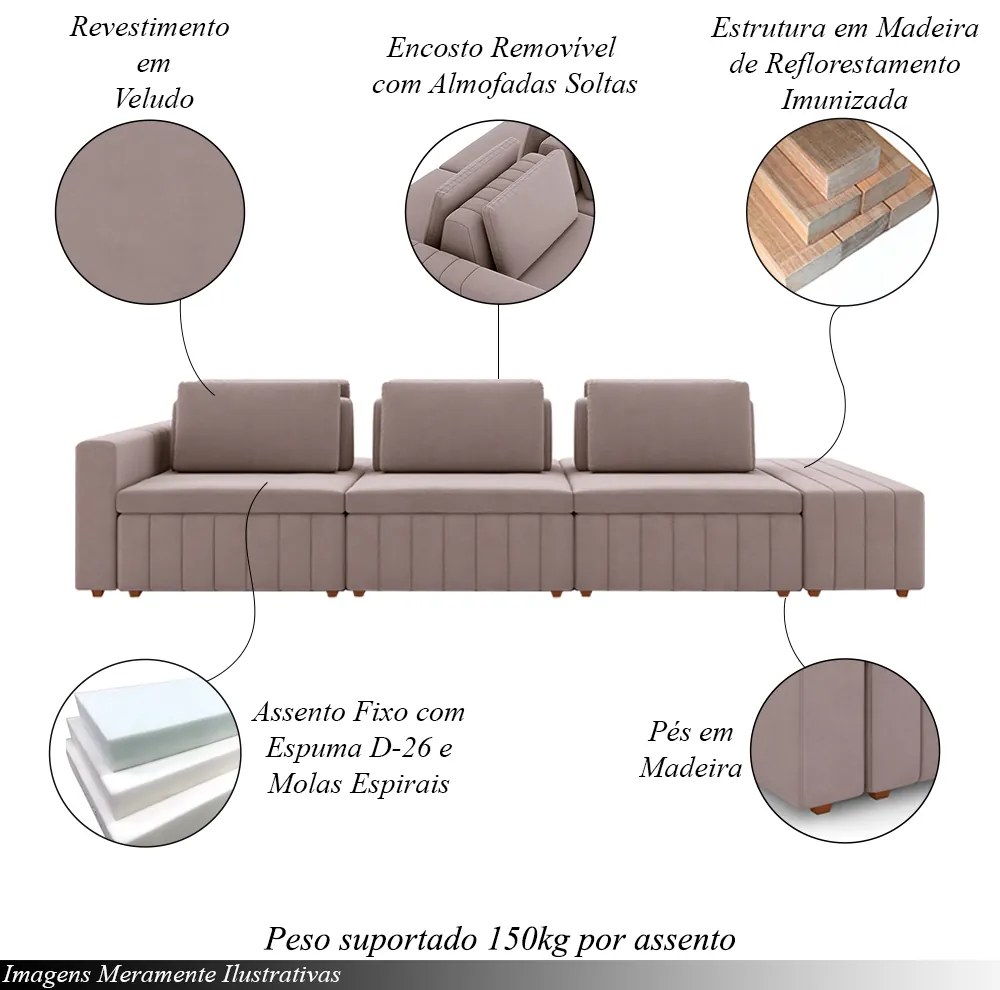 Sofá Ilha com Encosto e Almofadas Móveis Olimpo 395cm Modulado Veludo Rosê G45 - Gran Belo