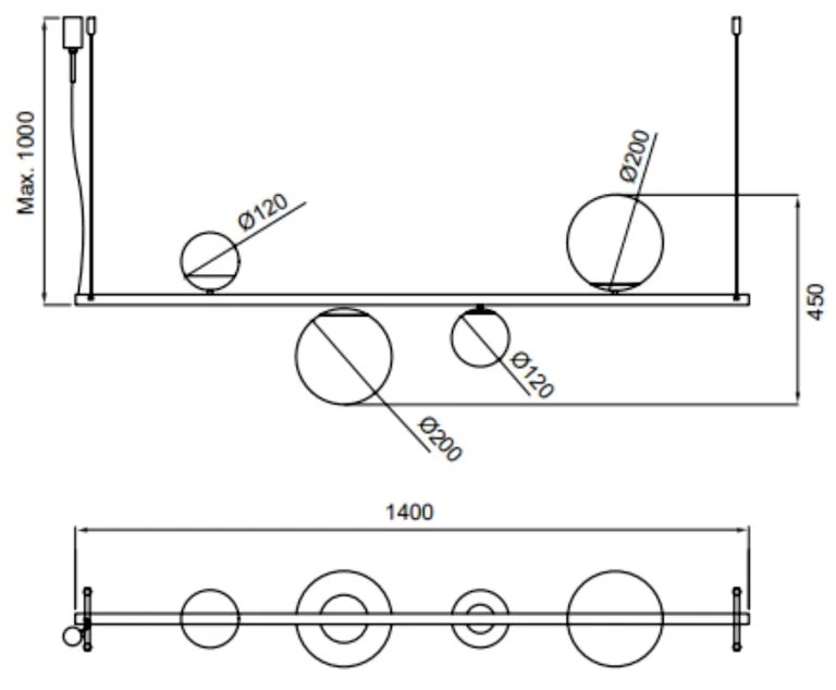 Pendente Organic Horizontal 20X10X140Cm Alumínio E Globo Ø12Cm / Ø20Cm... (BT / CB-P - Branco Texturizado / Cobre Brilho Polido Verniz)