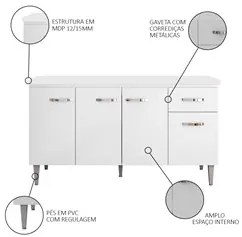 Balcão Gabinete Para Pia Com Tampo 150cm 4 Portas e 1 Gaveta Gabriela