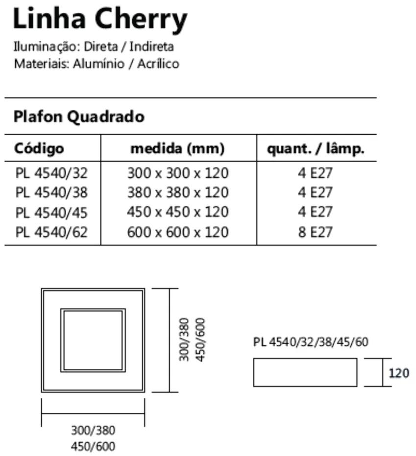 Plafon De Sobrepor Quadrado Cherry 4L E27 38X38X12Cm | Usina 4540/38 (GF-M - Grafite Metálico)