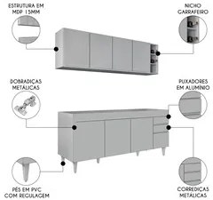 Armário de Cozinha Nevada e Balcão para Pia 180cm Dallas Cinza Claro -