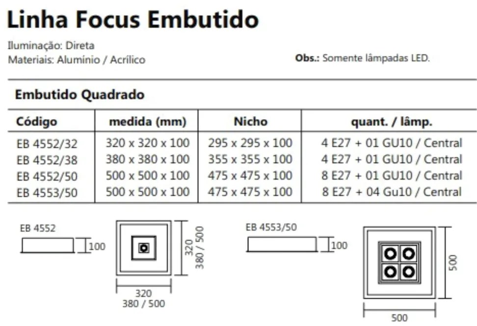 Luminária De Embutir Focus Quadrado C/ Aba 4Xe27 + 1Xmr16 32X32X10Cm |... (CP-M - Champagne Metálico)