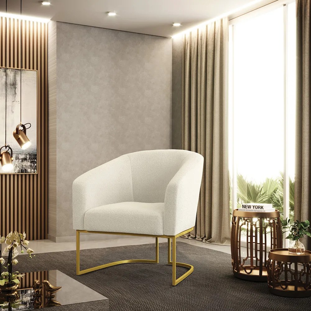 Poltrona Decorativa Industrial Dourado Stella Bouclê D03 - D'Rossi - Bege