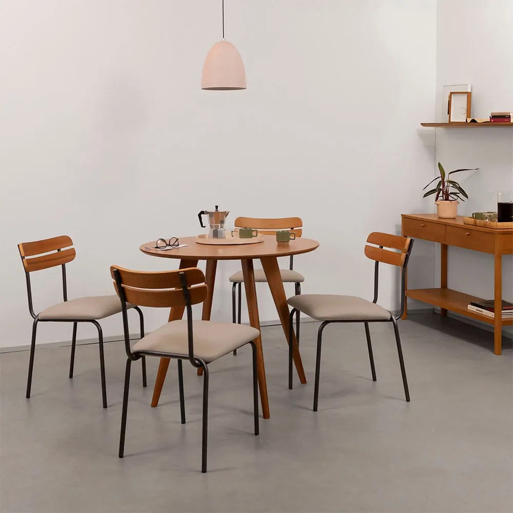 Conjunto Mesa de Jantar Square Laminada Redonda Natural - 88cm + 4 Cadeiras Ribs Sarja - Deserto