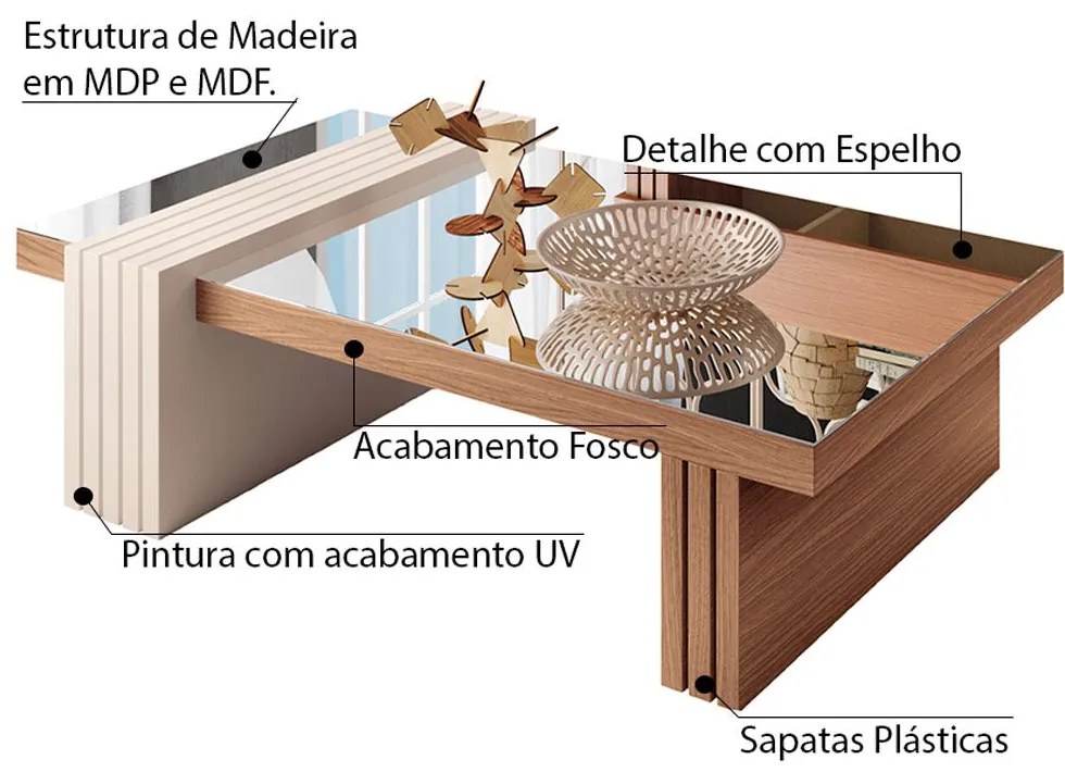 Mesa de Centro para Sala de Estar com Espelho Riad Nature/Off White G26 - Gran Belo