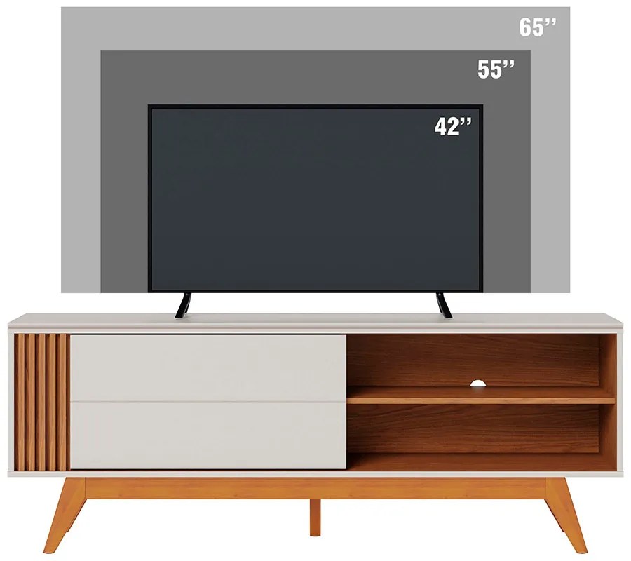 Rack para Sala Bancada de TV 60'' 1 Porta Ripado Tarsila C04 - D'Rossi - Off Matte e Freijó