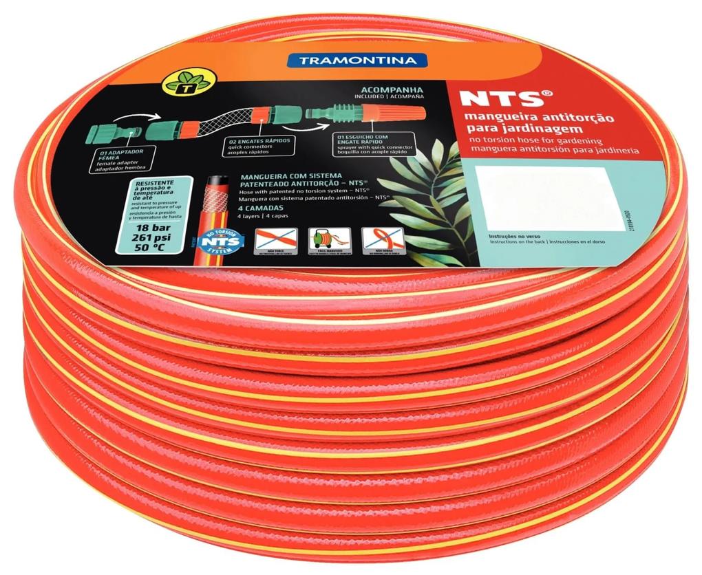 Mangueira NTS® 1/2" Tramontina Antitorção Vermelha em PVC 4 Camadas 20 m  com Engates Rápidos e Esguicho -  Tramontina
