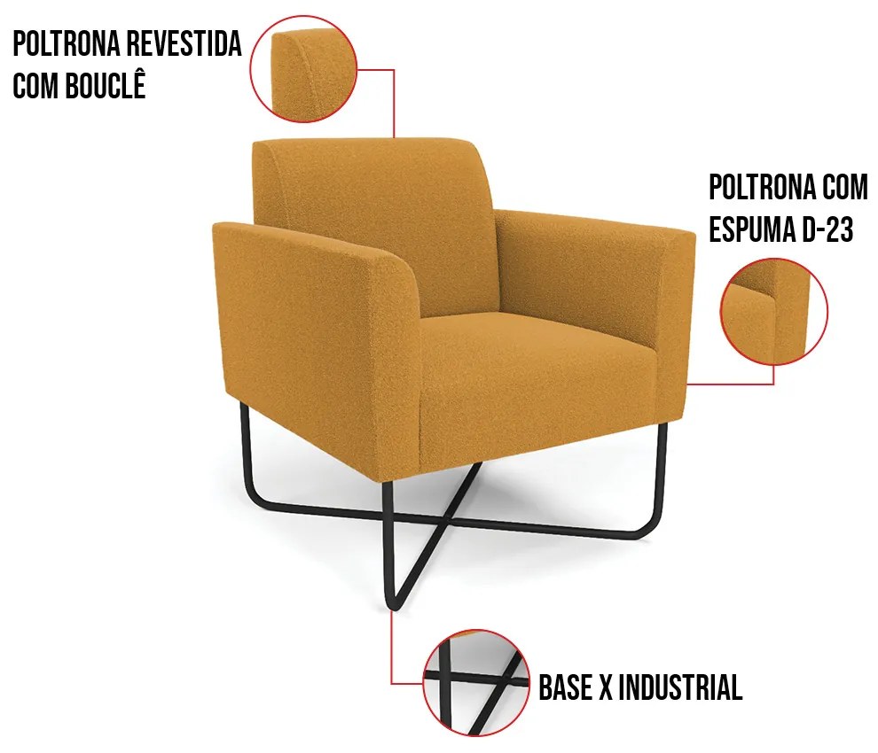 Poltrona Sala Base X Industrial Preto Marisa Bouclê Mostarda D03 - D'Rossi