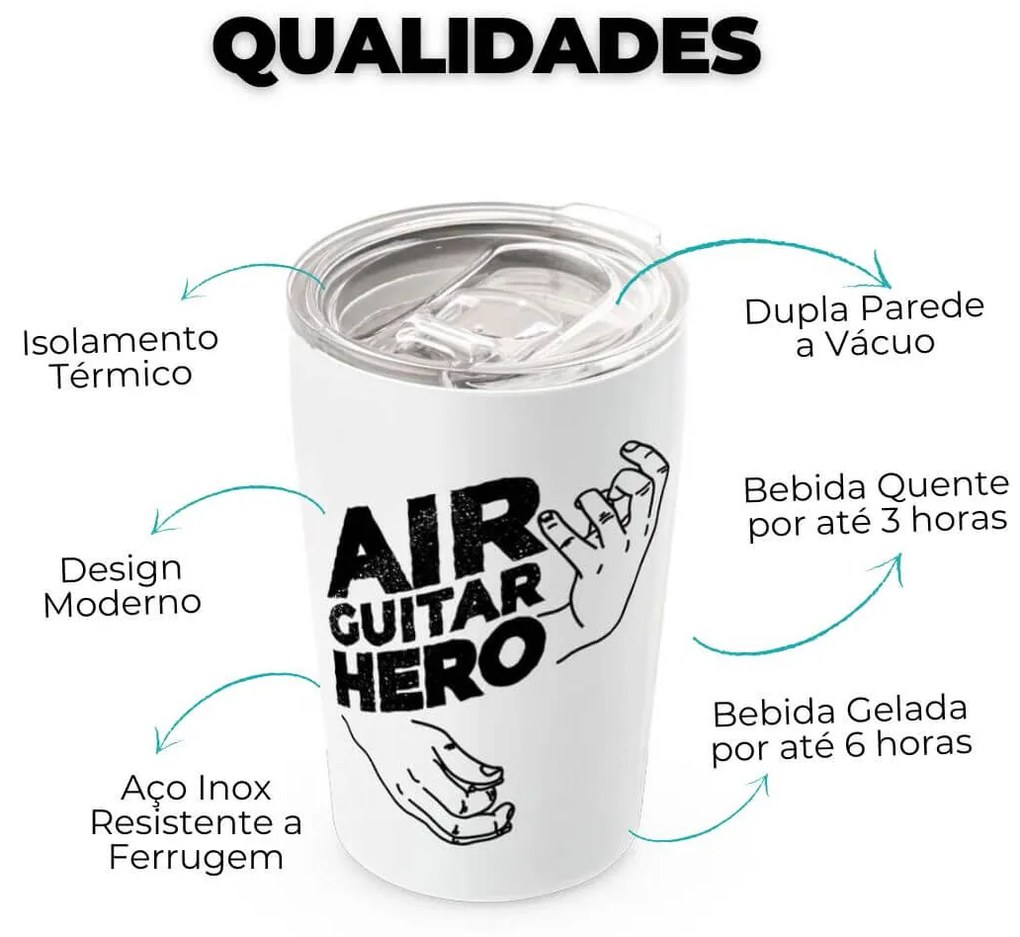 Copo Térmico Premium Inox 380ml Air Guitar Hero Rock - Cromado