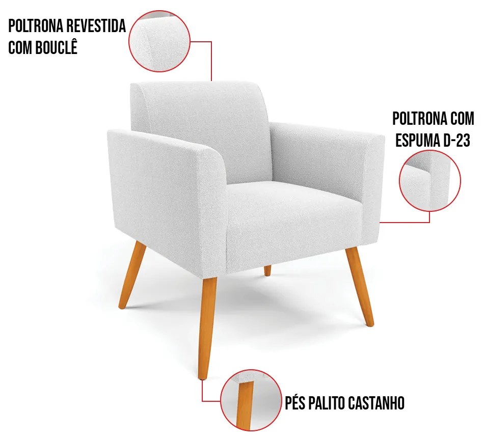 Namoradeira e 2 Poltronas Pé Palito Castanho Marisa Bouclê D03 - D'Rossi - Off White