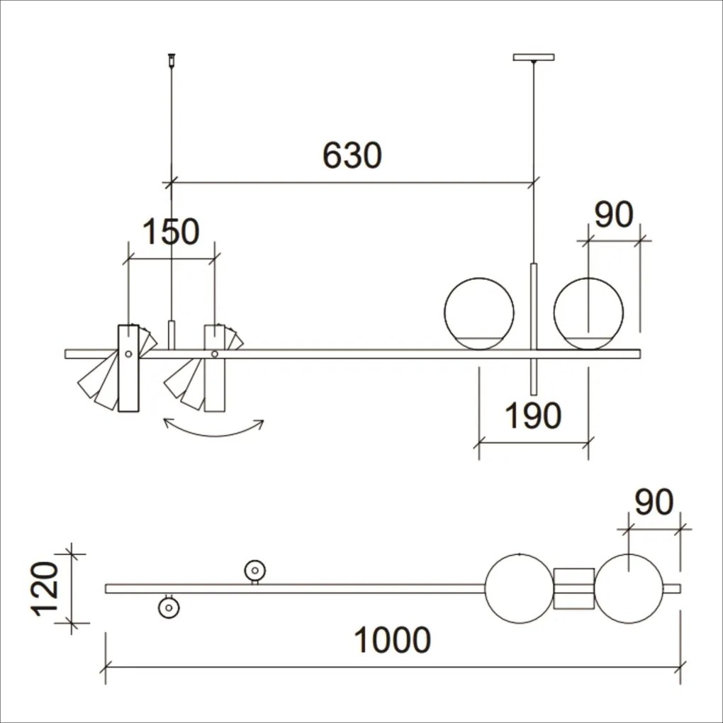 Pendente Tub Mix Double Retângular 100X12Cm Tubo Móvel Alumínio E Glob... (CHAMPANHE, FOSCO)