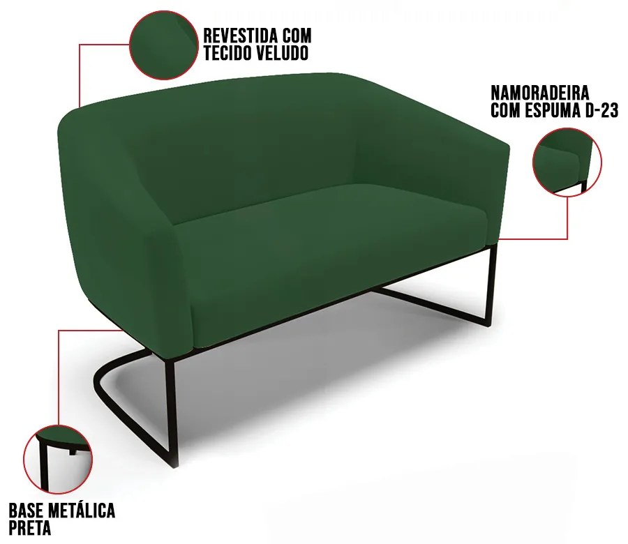 Sofá 2 Lugares Namoradeira Industrial Preto Stella Veludo D03 - D'Rossi - Verde